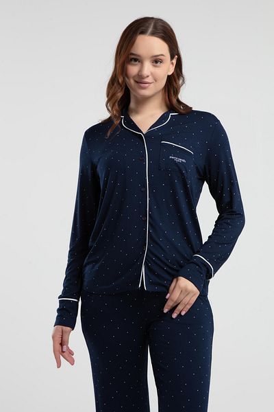 Pierre Cardin 8986 Women's Navy Blue Shirt Collar Front Buttoned Pajama Set with Pockets