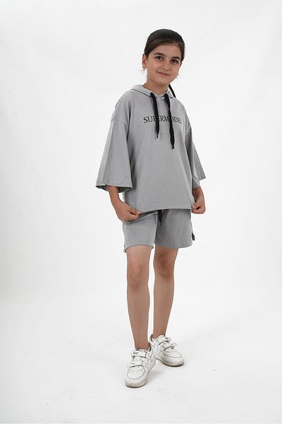 HayKids Girl's Oversize Style Two Thread Fabric Hooded Shorts Set