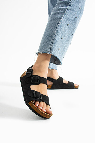 Getcho Holm Siyah Camel Çift Tokalı Rahat Günlük Kadın Sandalet Ortopedik Yazlık Terlik