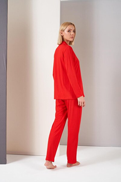 PJS Жіночий сорочковий комір, застібка спереду, довгі рукави, піжамний комплект