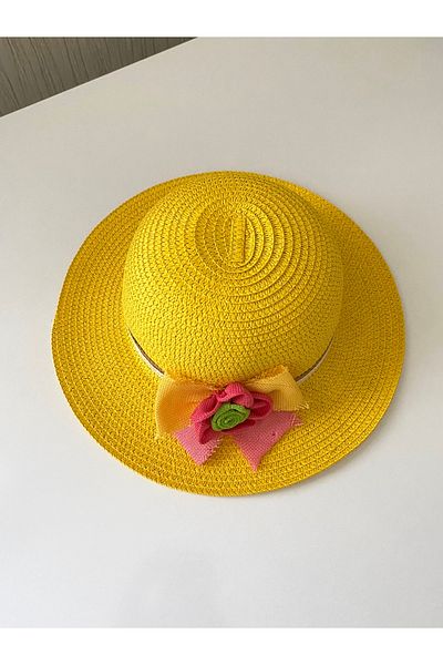 Petek Collection Straw Children's Beach Hat with Flower Accessories (3-9 Years)