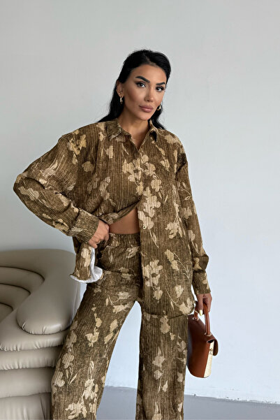 Ladima Women's Dark Mustard Leaf Effect Crinkle Shirt Pants Bottom Top Set