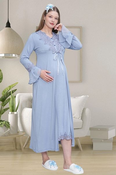 Lohussa Aviator Blue Ruched Design special Manecă lungă Bumbac Maternitate Rochie de maternitate Set de pijamale Cămașă de noapte Set de 4
