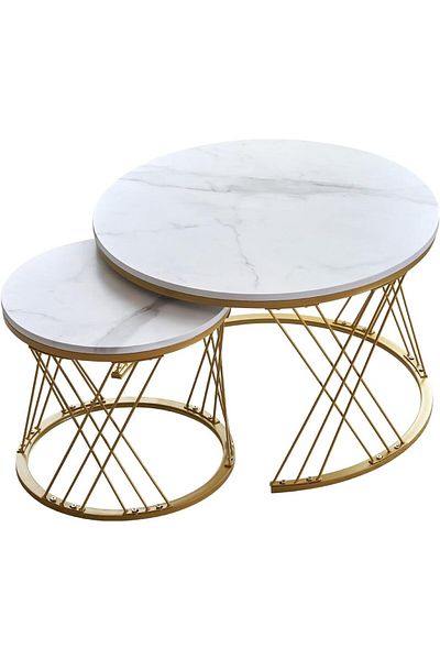 Generic Modern Faux White Marble Finish Round Nesting Coffee Table Set of 2 One Small and One Big Side Tea T
