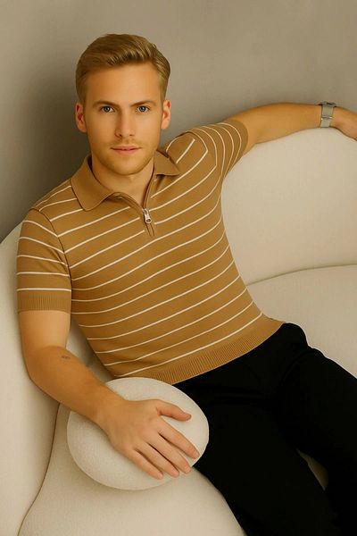 LC Waikiki Lc Waiki Men's Short Sleeve Striped Half Zip Detail T-Shirt / T-Shirt Father's Day Gift