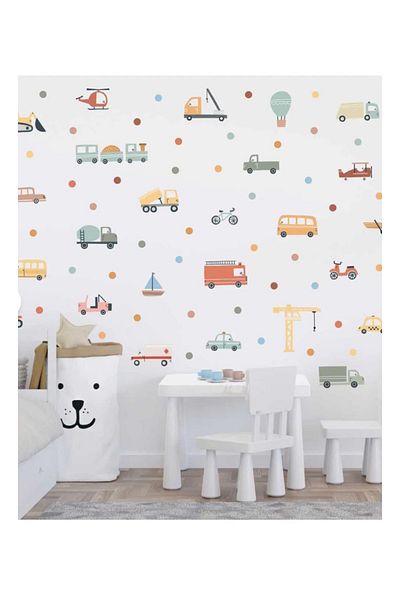 Sim Tasarım Pastel Color Vehicles Cars Kids Room Wall Sticker Set