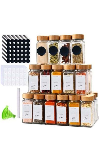 COOYA 24 4-oz Glass Spice Jars with Bamboo Lids, Minimalist Farmhouse Labels, Collapsible Funnel for Rack
