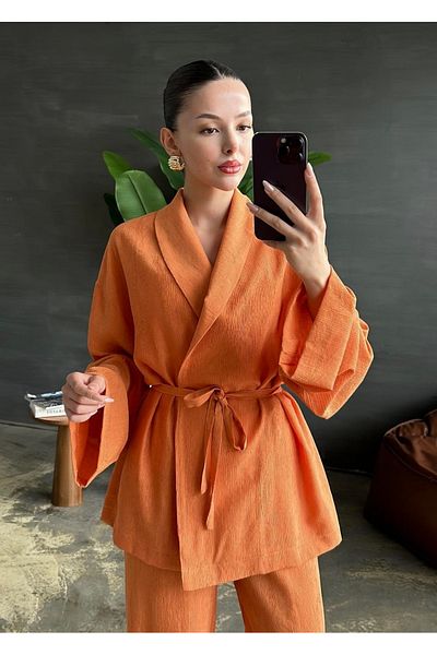 My Blog Orange Shawl Collar Kimono Pants Set - 98655