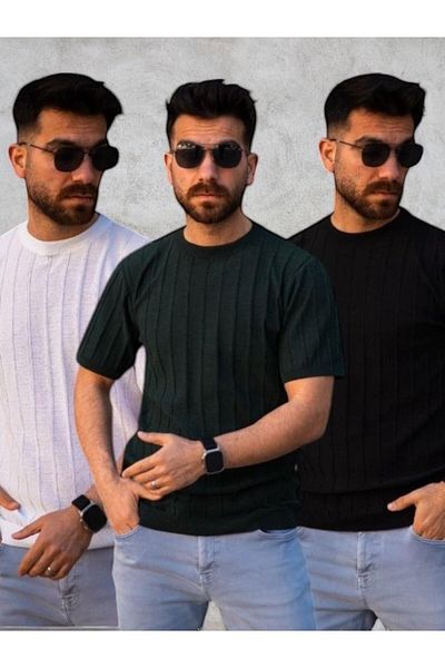 OTAKU 3 τεμάχια Ανδρικό εύκαμπτο πλεκτό μπλουζάκι Σετ 3 τεμαχίων