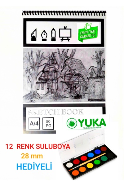 Yuka A4 Spiralli 50 Yp Sulu Boya Defteri - 28 mm 12 RENK Suluboya HEDİYELİ
