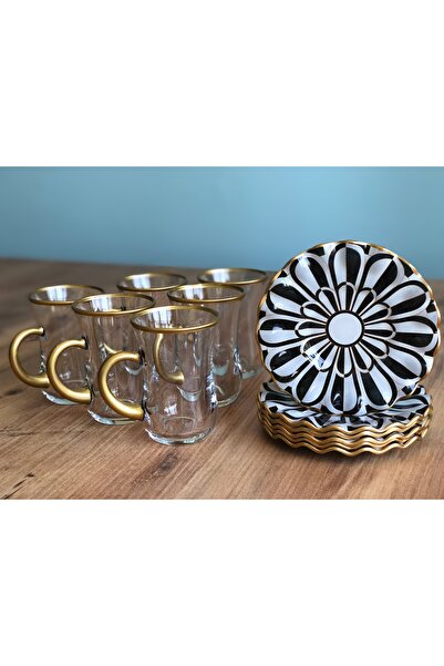 B&M Papatya Desenli Kıvrımlı 12 Parça Çay Seti 6 Kişilik (Kulplu Bardak)