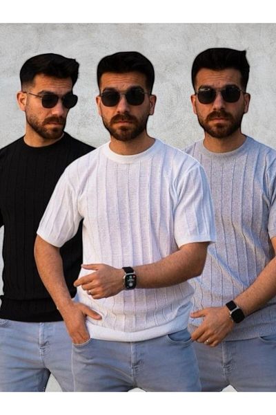 Gameyal 3 Pieces Men's Flexible Ribbed Knitwear T-Shirt Set of 3