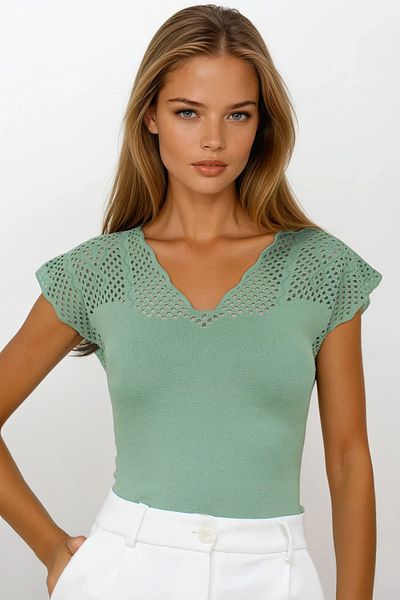 VAGGON Women's Green Front and Back V-Neck Hole Openwork Knitwear Blouse Vs00265