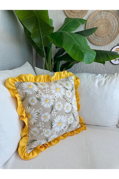 Decamor home Retro Daisy Patterned Ruffled Beige Yellow Throw Pillow Case