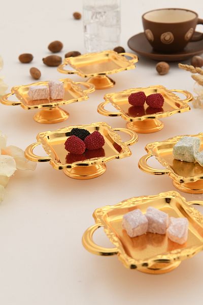 AKSESUAR EVRENİ Giallo's Gold Set of 6 Sugar Bowl Turkish Delight Bowl Snack Bowl Coffee Side Presentation Bowl Decorative Square Bowl with Handles