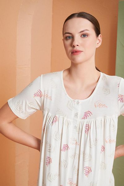 PJS Women's Leaf Pattern Button Collar Short Sleeve Nightdress