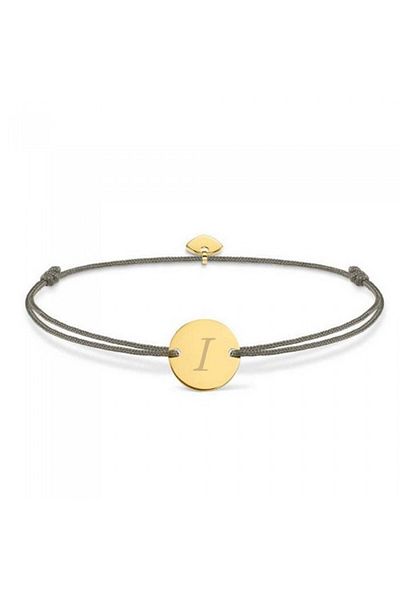 dalimag Adjustable bracelet, with round coin and heart, gold, engraved letter I, gray cord