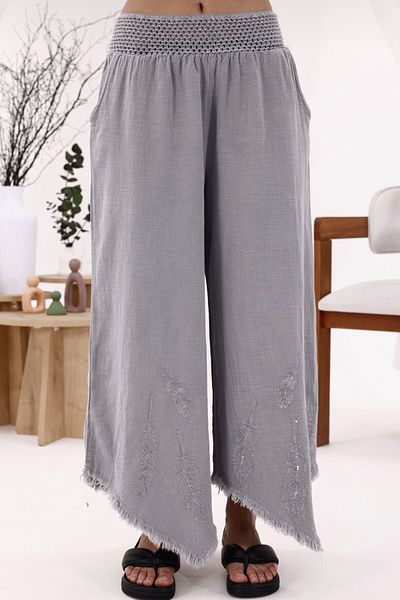 AYASOFYA OTANTIK Women's Gray Feather Pattern Embroidered Elastic Waist Pocket Wide Leg Linen Trousers