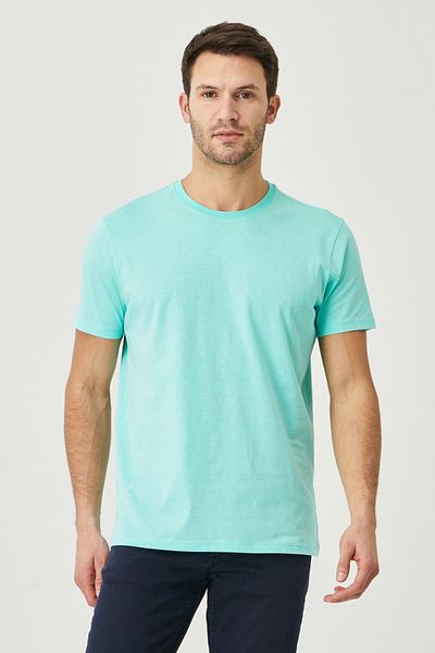 AC&Co / Altınyıldız Classics Pánské tyrkysové tričko SlimFit Crew Neck 100% BavlnaBasic