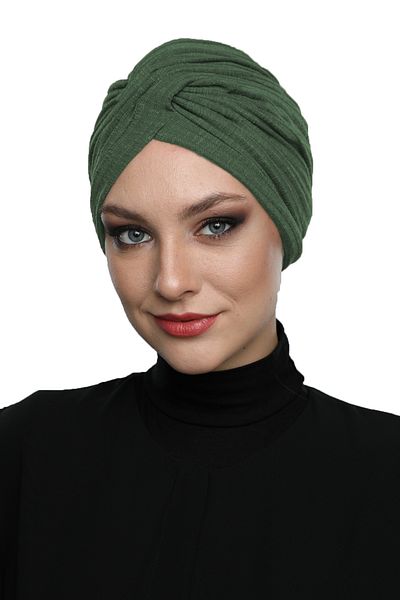 fidan bone Cross Combed Cotton Lined Green Ready Turban Hijab Bonnet