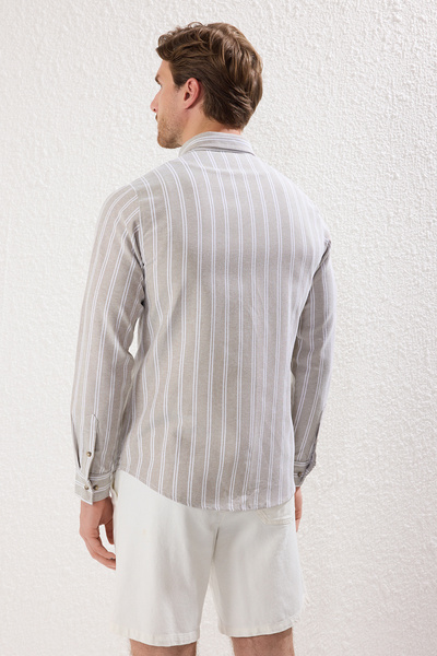Trendyol Collection Khaki Slim Fit Button Collar Thin Striped Shirt Tmnss25Go00077