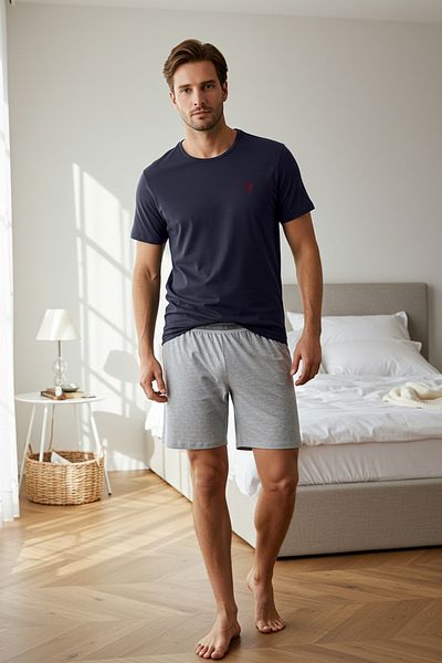 Trendyol Collection Navy Blue - Grey melange Slim Fit Dowry Πλεκτό Σετ Πιτζάμες με Κεντητό Σορτς TMNSS25PT00070