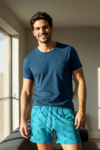 Trendyol Collection Σετ πιτζάμες Petrol Slim Fit με σχέδιο χελώνας με πλεκτό σορτς TMNSS25PT00012