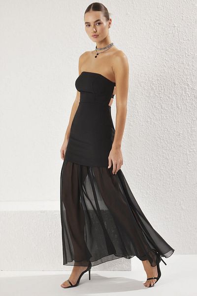 Trendyol Collection Czarna gładka tkana sukienka wieczorowa Finike Maxi i sukienka na bal maturalny