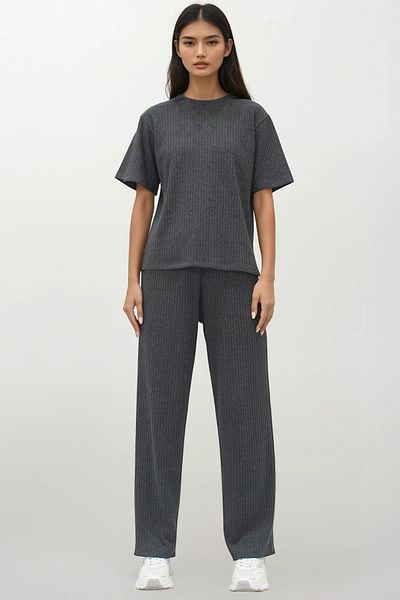 Trend Alaçatı Stili Women's Anthracite Crew Neck Short Sleeve T-Shirt and Trousers Set Alc-X14069