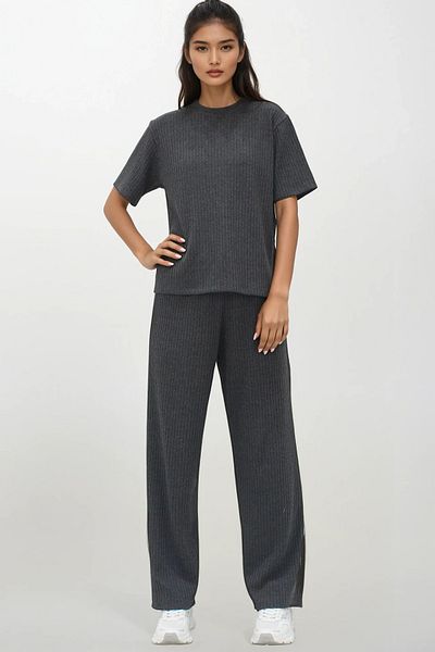 Trend Alaçatı Stili Women's Anthracite Crew Neck Short Sleeve T-Shirt and Trousers Set Alc-X14069