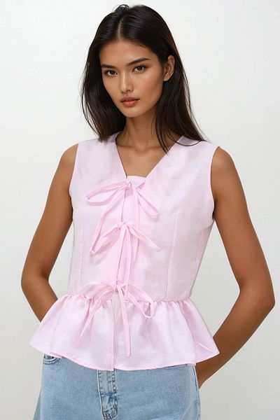 Trend Alaçatı Stili Γυναικεία Dusty Pink V λαιμόκοψη Φιόγκος Λεπτομερής φούστα με βολάν Aerobin Μπλούζα ALC-X14179