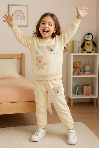 TRENDYOLKIDS Krémszínű mackó mintás kötött pizsama szett lányoknak - Tkdaw25au00077