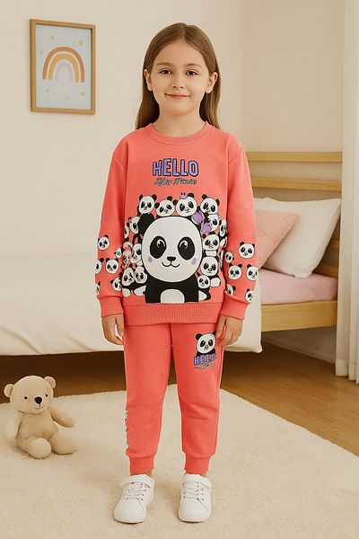 TRENDYOLKIDS Fuchsia Panda Patterned Girl's Pajama Set - Knitted Bottom-top Set Tkdaw25au00077