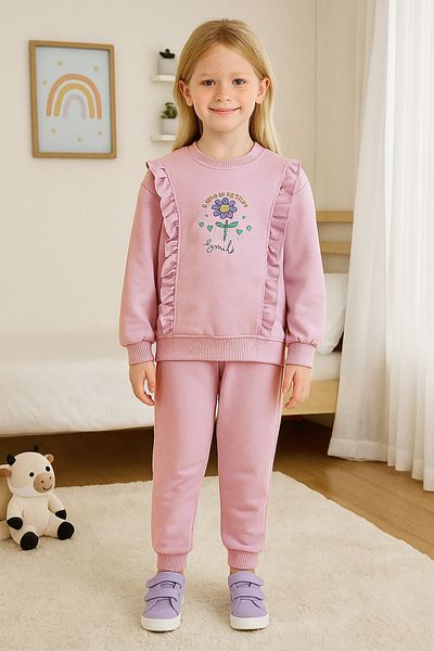 TRENDYOLKIDS Rózsaszín virágmintás lány pizsama szett - kötött szett Tkdaw25au00077