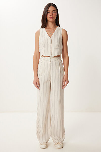 Happiness İstanbul Női krém fekete csíkos vászon mellény nadrág öltöny BV00129