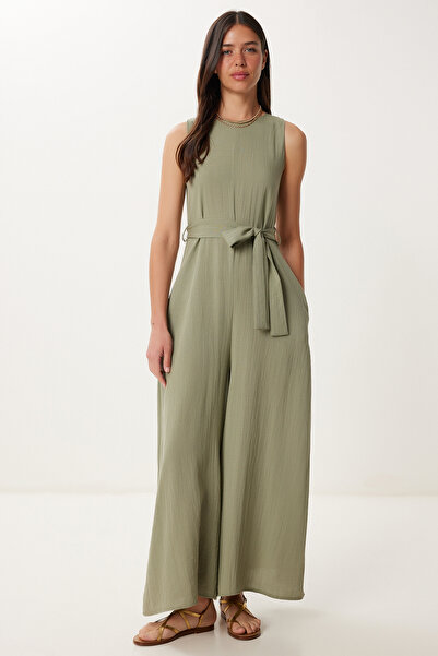 Happiness İstanbul Dámský khaki široký midi tkaný overal s páskem MX00215