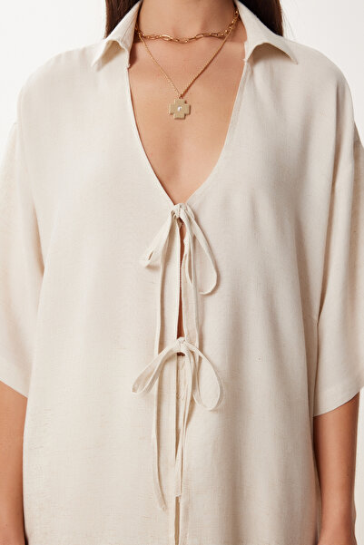 Happiness İstanbul Women's Cream Binding Detailed Linen Bottom Top Set Gp00021