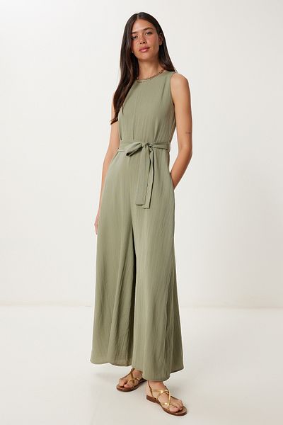 Happiness İstanbul Women's Khaki Belted Wide Leg Midi Woven Jumpsuit Mx00215