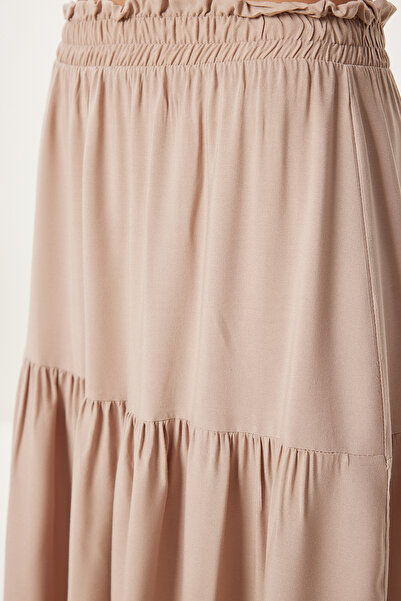 Happiness İstanbul Women's Beige Flounced Summer Viscose Skirt En00644