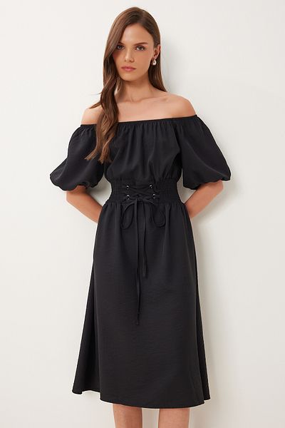 Happiness İstanbul Women's Black Tie Detail Summer Woven Dress Mx00222