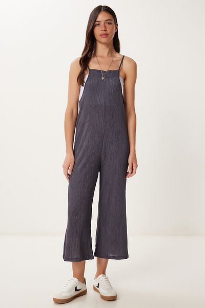Happiness İstanbul Damen-Jumpsuit aus strukturiertem Strick mit geräuchertem Riemen HK00046