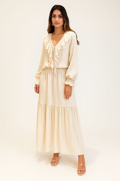Trendyol Collection Ecru Plain Elastic Waist Ruffle Maxi Woven Dress Twoss25El00864