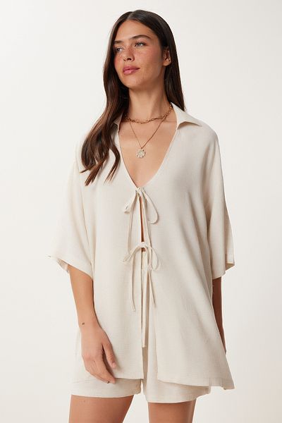 Happiness İstanbul Women's Cream Binding Detailed Linen Bottom Top Set Gp00021