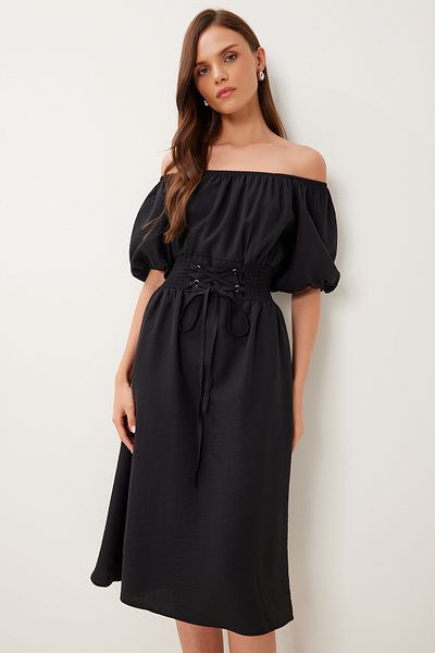 Happiness İstanbul Women's Black Tie Detail Summer Woven Dress Mx00222