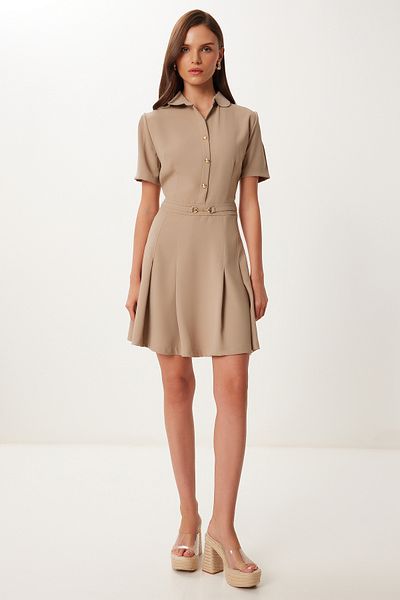 Happiness İstanbul Women's Clay Green Gold Button Mini Woven Dress Vw00005