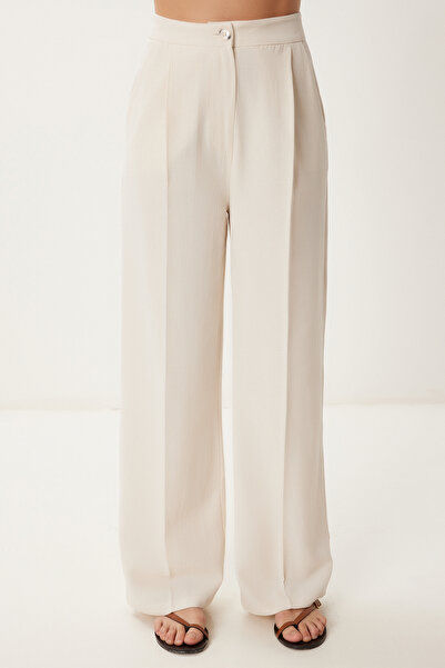 Happiness İstanbul Női krémszínű vászon mellény Palazzo nadrágkosztüm BV00126