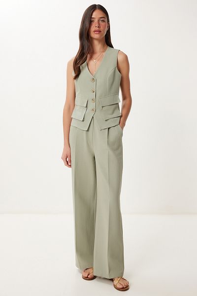 Happiness İstanbul Women's Green Linen Vest Palazzo Pants Suit Bv00126