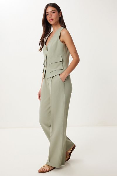 Happiness İstanbul Women's Green Linen Vest Palazzo Pants Suit Bv00126