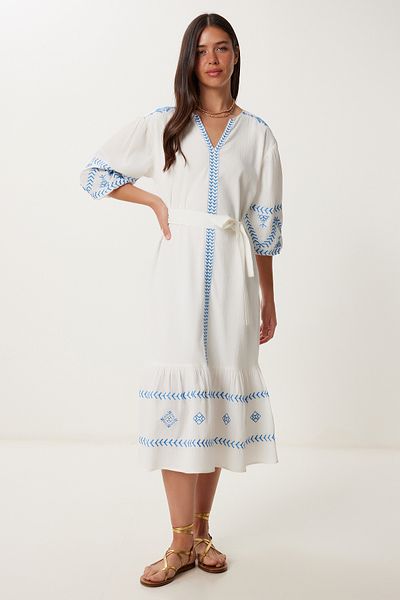 Happiness İstanbul Women's White Embroidery Embroidered Flounced Summer Linen Dress Rv00212
