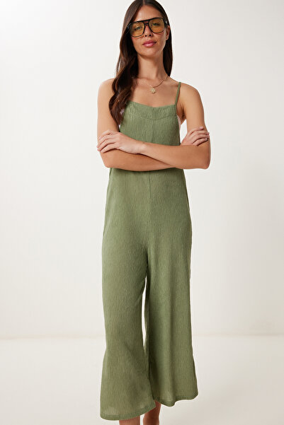 Happiness İstanbul Dámský khaki pletený overal s texturou HK00046